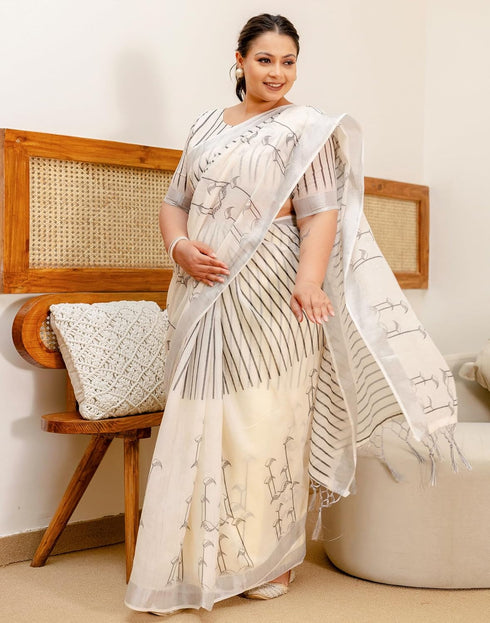 Vasthrlay Womens Printed Unstitched Off White Saree