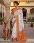 Vasthrlay Womens Printed White | Light Orange Saree With Unstitched Blouse Piece