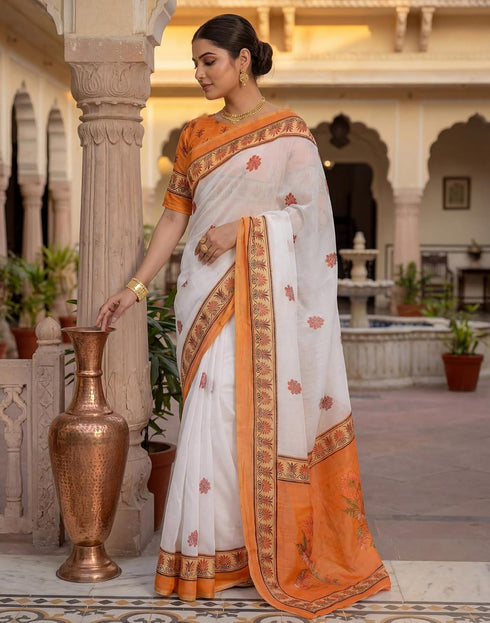 Vasthrlay Womens Printed Unstitched Peach Saree
