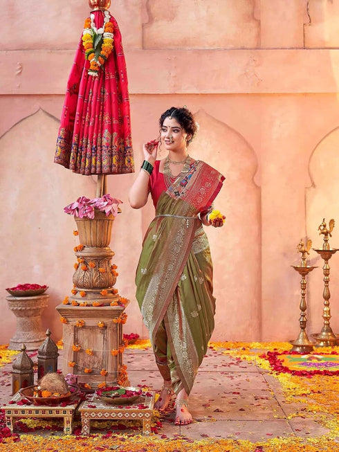 Vasthrlay Weaving Paithani Unstitched Dark Green Saree