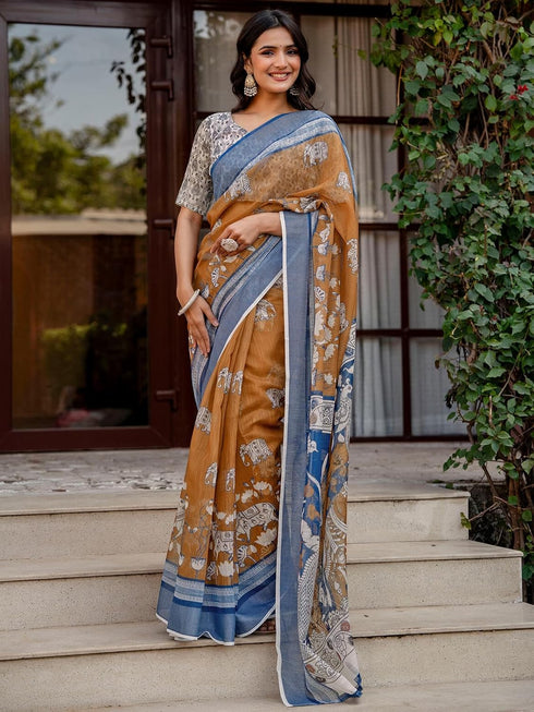 Vasthrlay Womens Printed Unstitched Multicolor Saree
