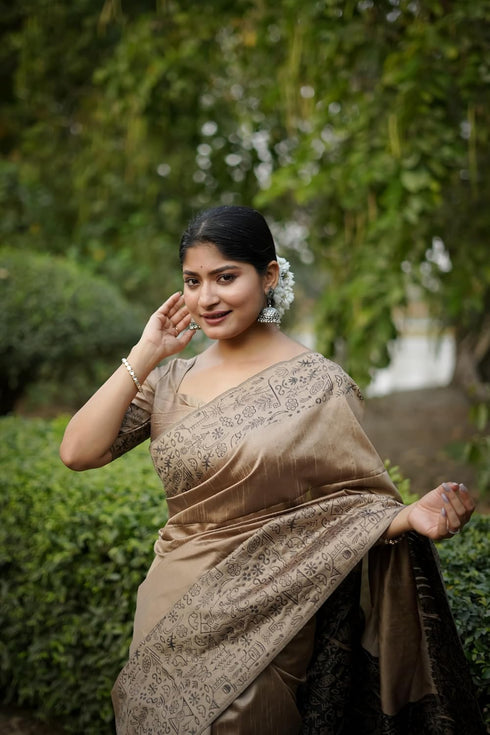 Vasthrlay Tussar Kalamkari Geometric Floral Design
