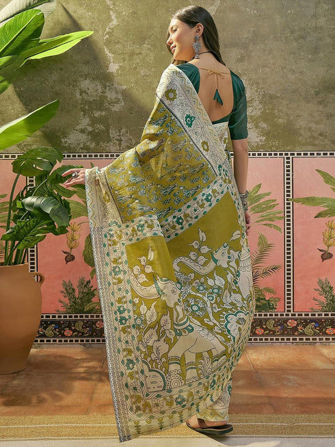 Vasthrlay Shimmer Printed Beige Saree With Unstitched Blouse Piece