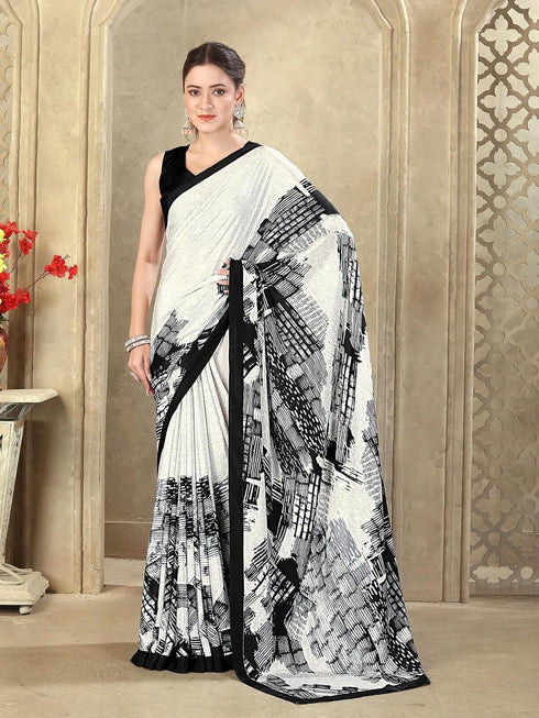 Vasthrlay Womens Printed Off-White Saree With Black Unstitched Blouse Piece