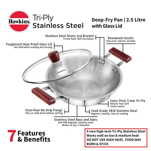 Hawkins 2.5 Litre Deep Fry Pan | Triply Stainless Steel Kadai