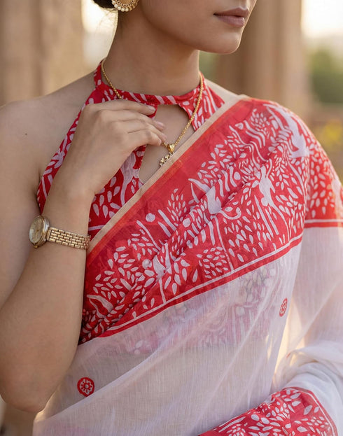Vasthrlay Womens Printed Unstitched Off White Saree