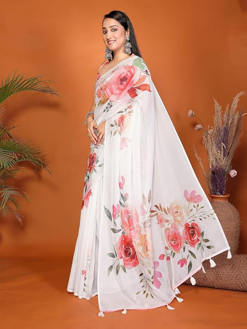 Vasthrlay White Leaf Print Organza Saree With Mustard Piping And Ruched Sleeveless Unstitched Blouse Piece