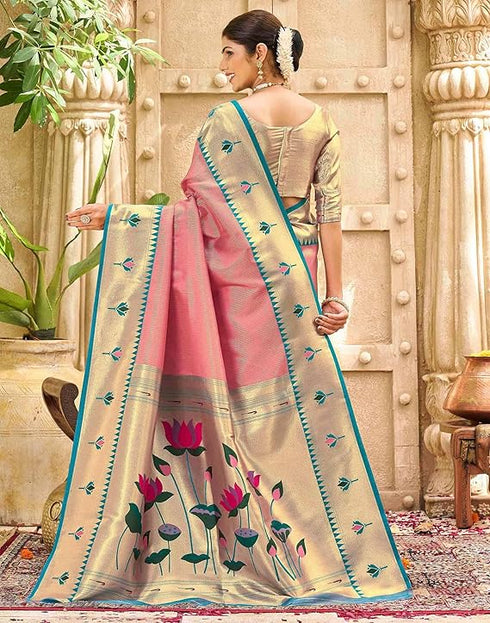 Vasthrlay Paithani Kanjivaram Unstitched Pink Saree