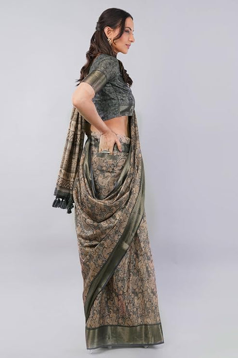 Vasthrlay Rust Striped | Floral | Solid Print Design Linen Saree