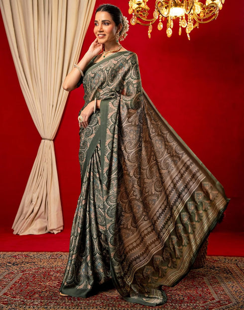 Vasthrlay Chiffon Printed Unstitched Dark Green Saree