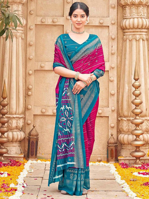 Vasthrlay Georgette Printed Unstitched Rani Pink Saree