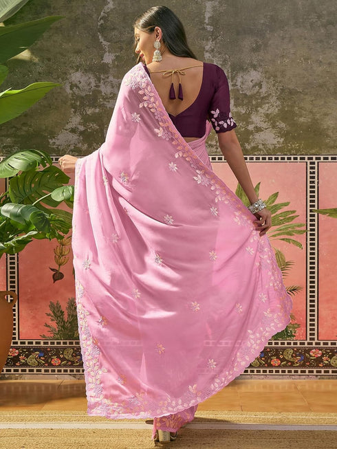 Vasthrlay Georgette Embroidery Peach Saree