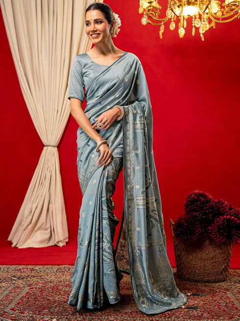 Vasthrlay Vichitra Printed Unstitched Maroon Saree