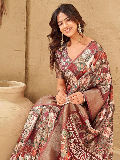 Vasthrlay Printed Jacquard Dusty Rose Pink Saree With Unstitched Blouse Piece