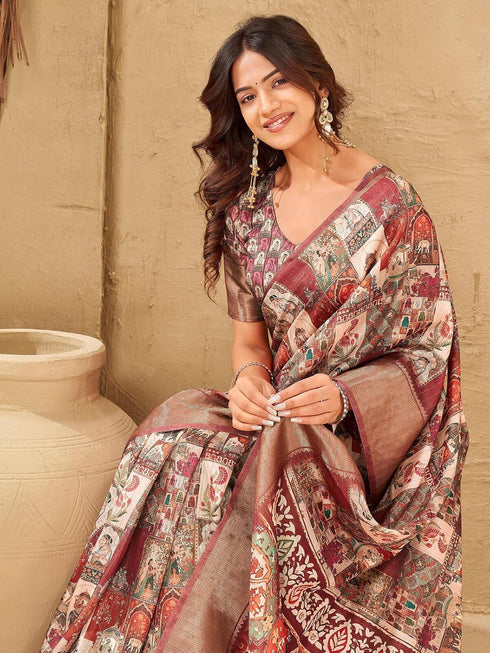 Vasthrlay Printed Jacquard Unstitched Dusty Pink Saree