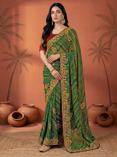 Vasthrlay Georgette Embroidery Unstitched Red Saree