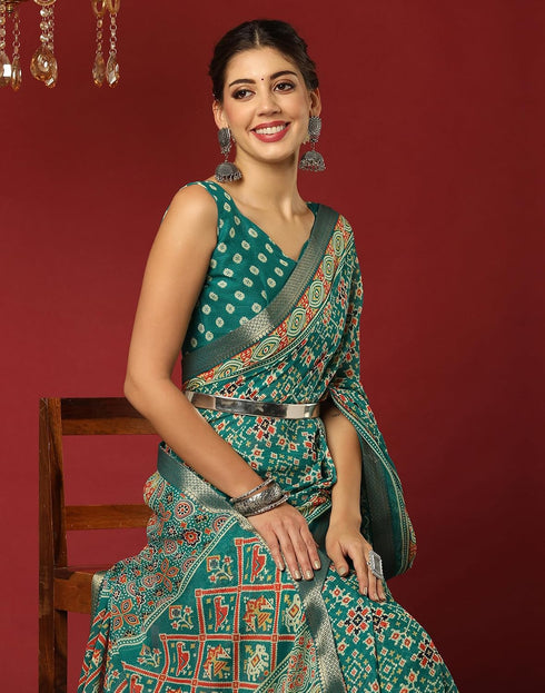 Vasthrlay Georgette Bandhani Teal Green Saree With Unstitched Blouse Piece