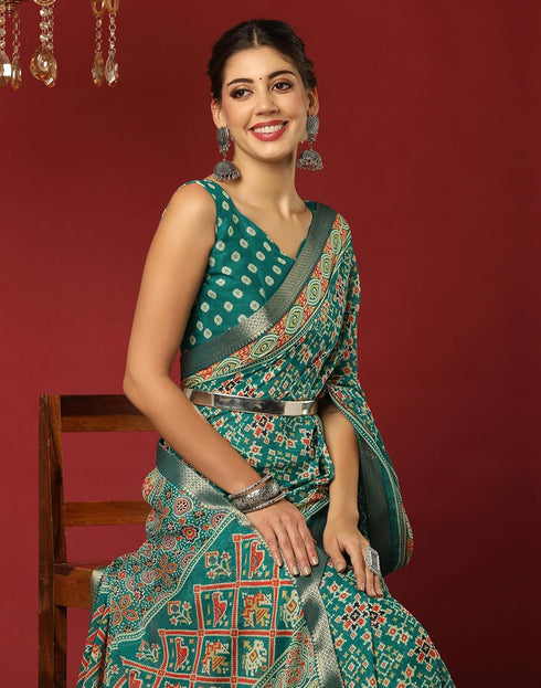 Vasthrlay Georgette Bandhani Unstitched Dark Green Saree