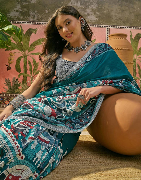 Vasthrlay Womens Printed Teal Blue | Multi Saree With Unstitched Blouse Piece