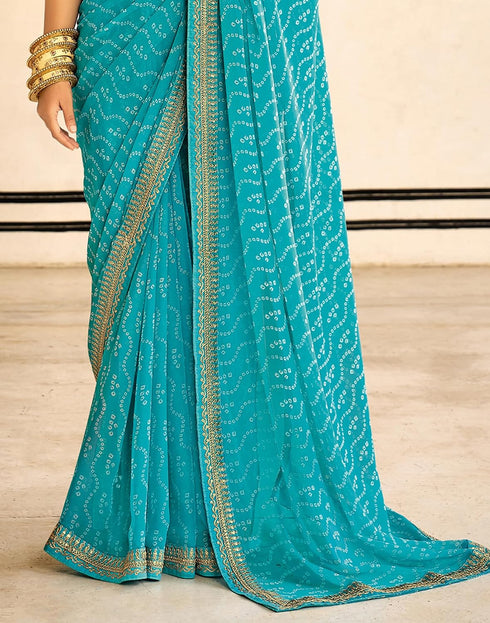 Vasthrlay Georgette Leheriya Blue Saree With Unstitched Blouse Piece