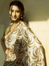 Vasthrlay Bronze Cream Geometric Triangle Print Polyester Saree With Muted Gold Zari Border And Teal Blue Ruched Unstitched Blouse Piece