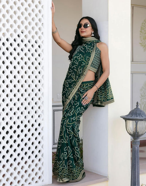 Vasthrlay Georgette Bandhani Green Saree With Unstitched Blouse Piece