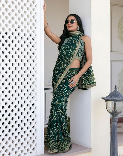 Vasthrlay Georgette Bandhani Unstitched Red Saree