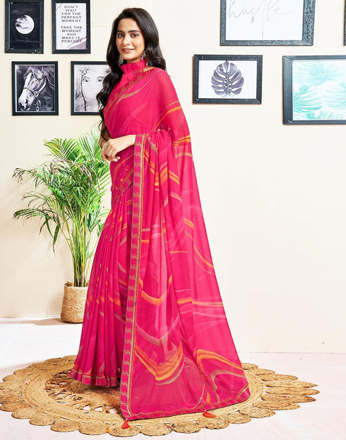 Vasthrlay Chiffon Tassels Rani Pink Saree With Unstitched Blouse Piece