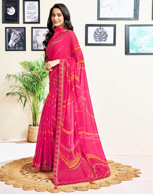 Vasthrlay Chiffon Tassels Unstitched Dark Green Saree