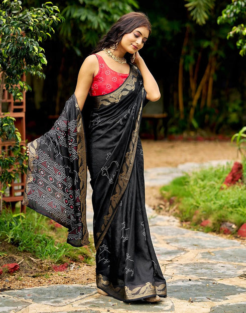 Vasthrlay Bandhani Printed Unstitched Black Saree
