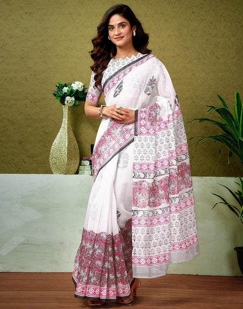 Vasthrlay Chanderi Printed White | Pink Saree With Unstitched Blouse Piece