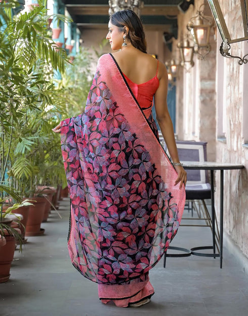 Vasthrlay Chiffon Blouse Pink | Black | Multi Saree With Unstitched Blouse Piece