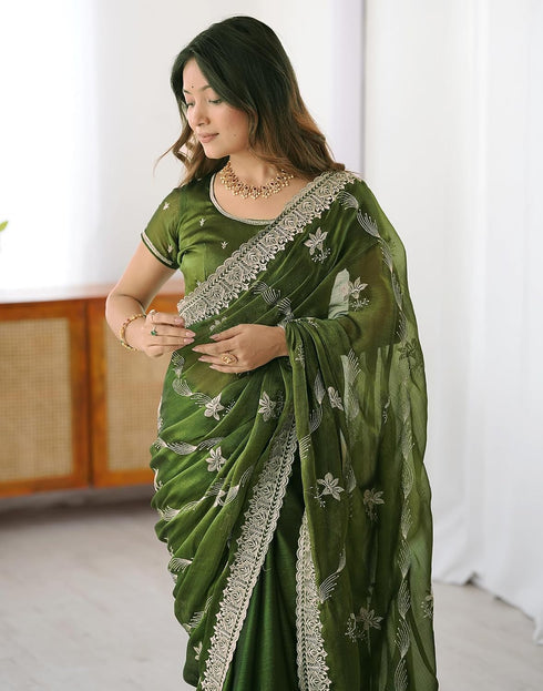 Vasthrlay Scalloped Embroidery Green Saree With Unstitched Blouse Piece