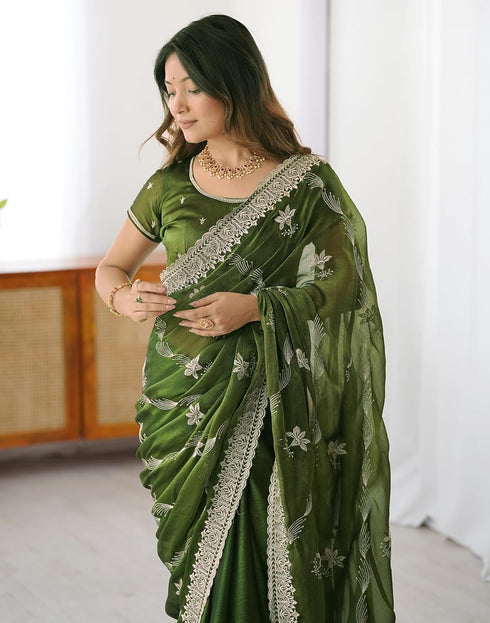 Vasthrlay Scalloped Embroidery Unstitched Lime Green Saree