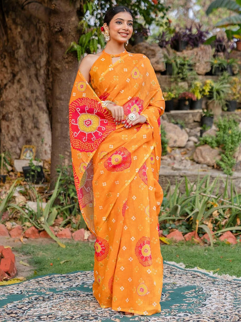 Vasthrlay Bandhani Printed Unstitched Peach Saree