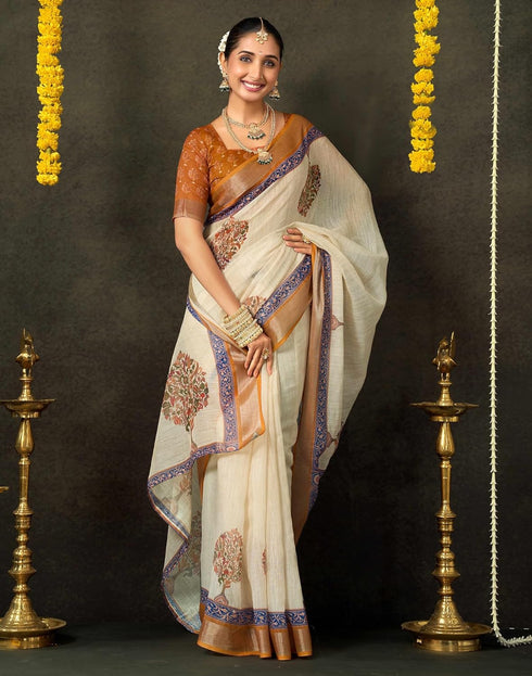 Vasthrlay Special Printed Unstitched Beige Saree