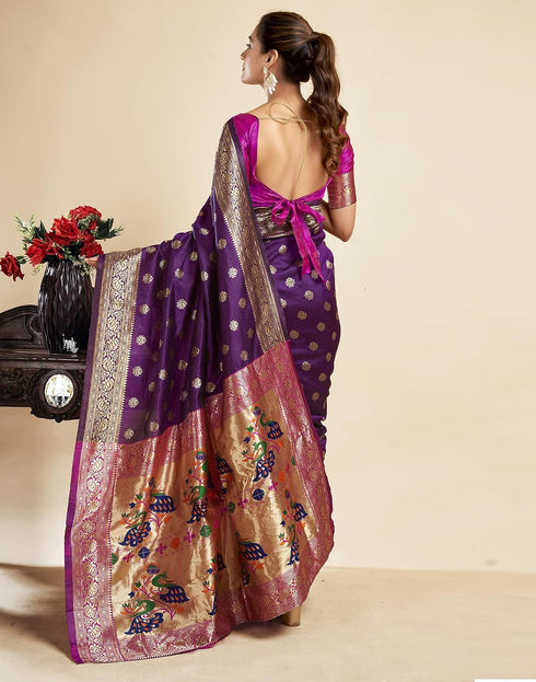 Vasthrlay Jacquard Paithani Dark Purple Saree With Pink Unstitched Blouse Piece