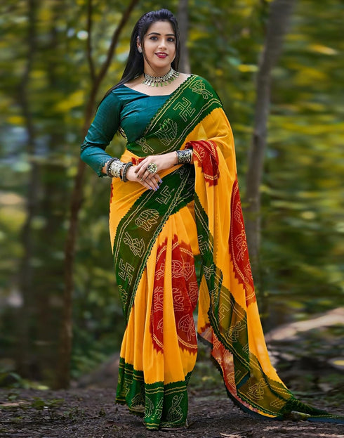 Vasthrlay Georgette Printed Unstitched Yellow Saree