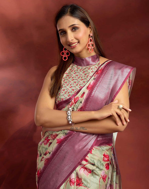 Vasthrlay Printed Jacquard Light Pista Green Saree With Unstitched Blouse Piece