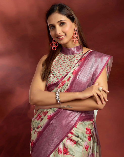Vasthrlay Printed Jacquard Unstitched Rama Green Saree