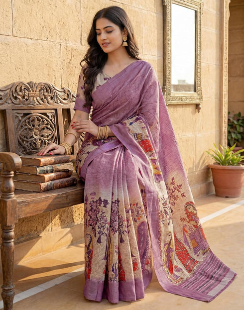 Vasthrlay Womens Printed Unstitched Navy Blue Saree
