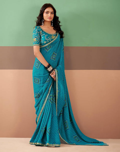 Vasthrlay Georgette Embroidery Unstitched Dark Green Saree