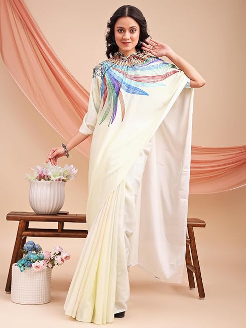 Vasthrlay Printed Kaftan Freehand Off White-Multi Bollywood Satin Saree with Unsticted Blouse Piece