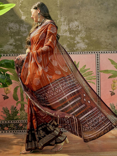 Vasthrlay Georgette Printed Unstitched Rani Pink Saree