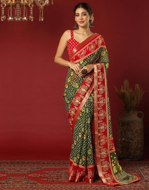 Vasthrlay Georgette Bandhani Unstitched Dark Green Saree