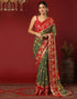 Vasthrlay Georgette Bandhani Olive Green And Red Saree With Unstitched Blouse Piece