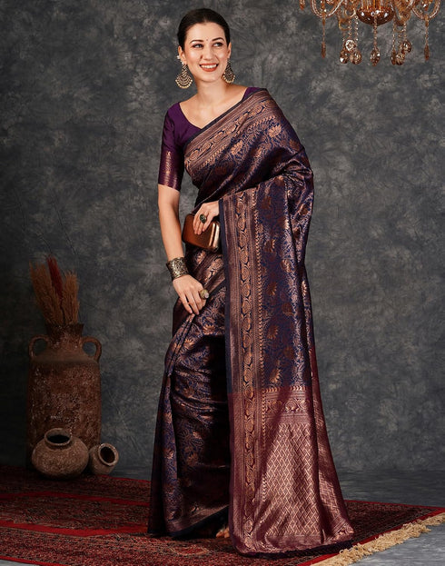Vasthrlay Banarasi Kanjeevaram Wine Saree With Unstitched Blouse Piece