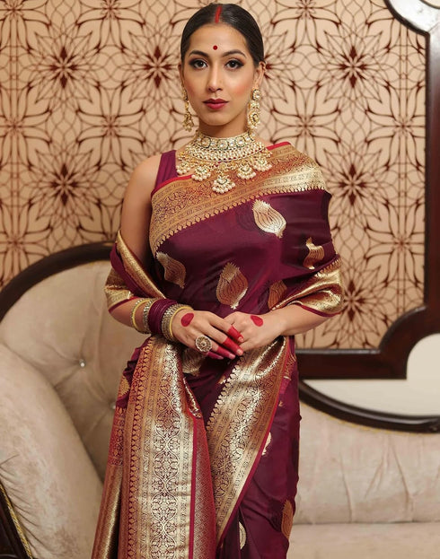 Vasthrlay Kanjivaram Banarasi Wedding Maroon Saree With Unstitched Blouse Piece