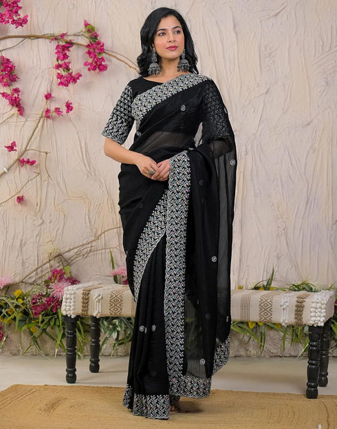 Vasthrlay Embroidery Scalloped Black Saree With Unstitched Blouse Piece