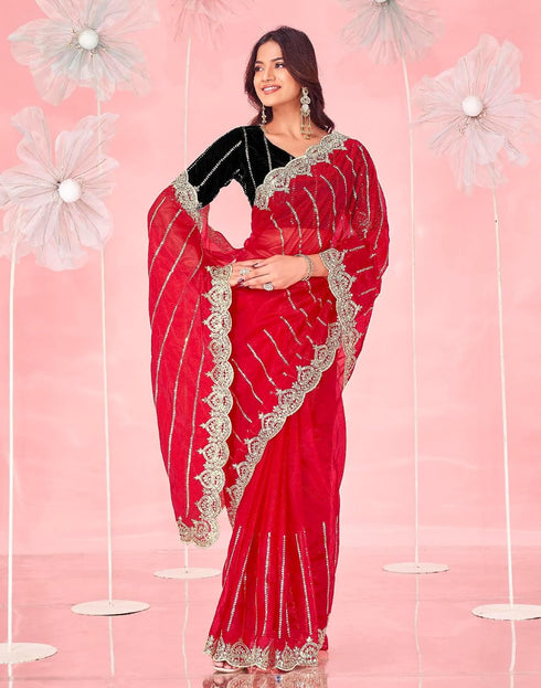 Vasthrlay Embroidery Scalloped Red Saree With Black Unstitched Blouse Piece